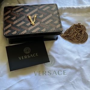 Versace Coated Canvas La Greca Signature Print Virtus V Mini Chain Bag Black Caramel